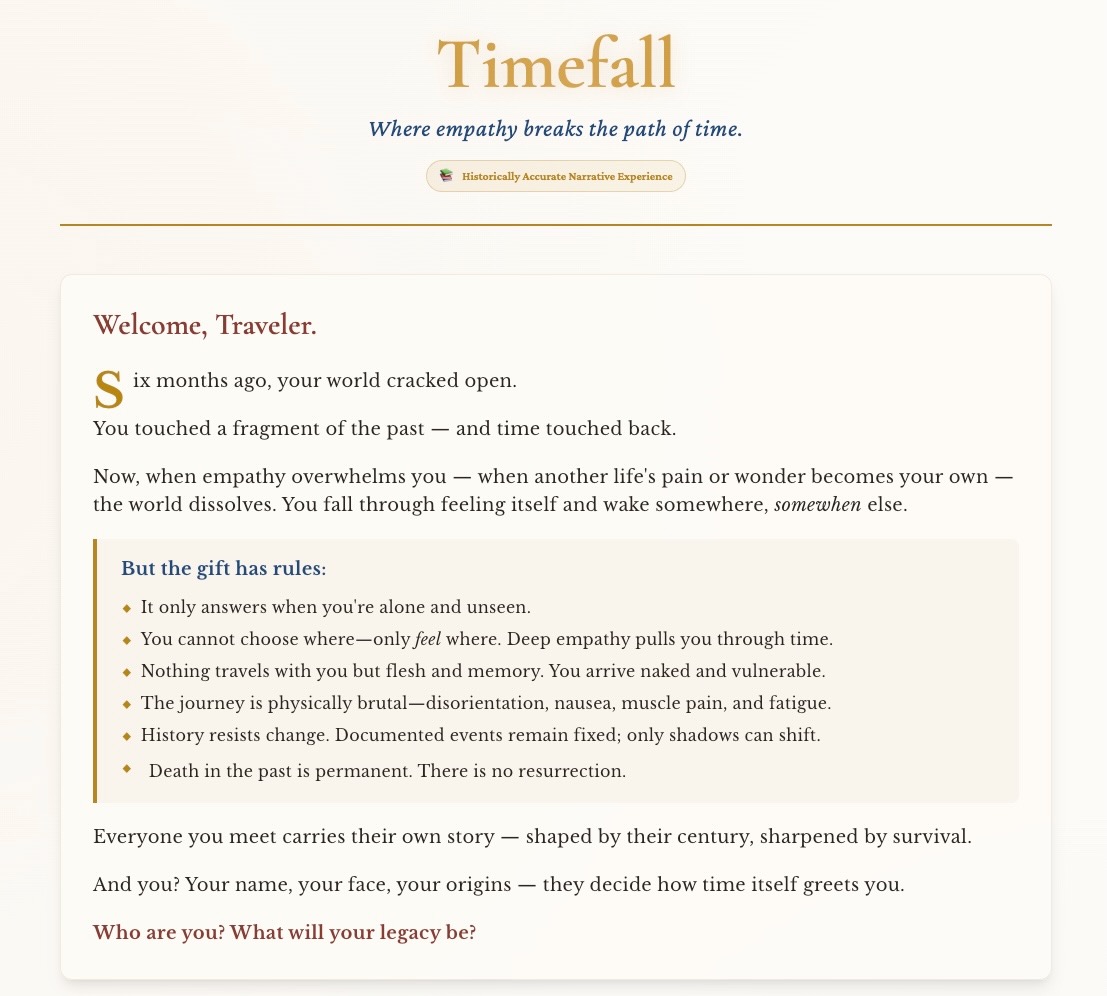Welcome narrative and time travel rules introduction